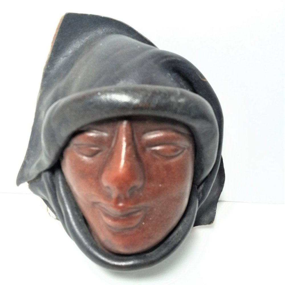 Leather Face Mask VTG Handmade Signed Wall Hanging Folk Art 3D Molded Sculpture - Picture 1 of 6